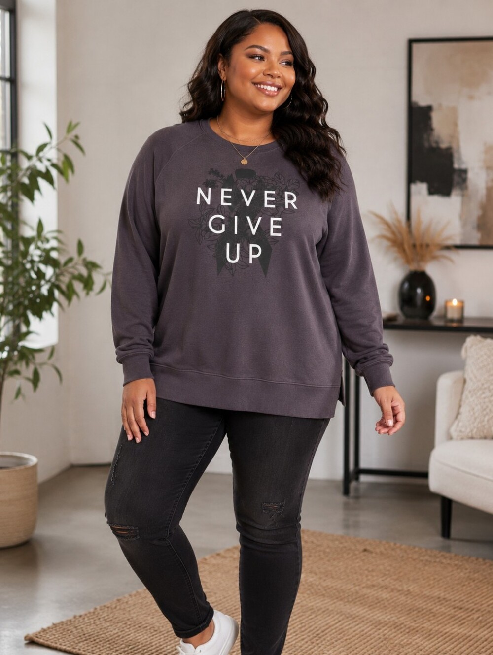 TORRID "Never Give Up" Breast Cancer Awareness Sweatshirt Gray Graphic Pullover